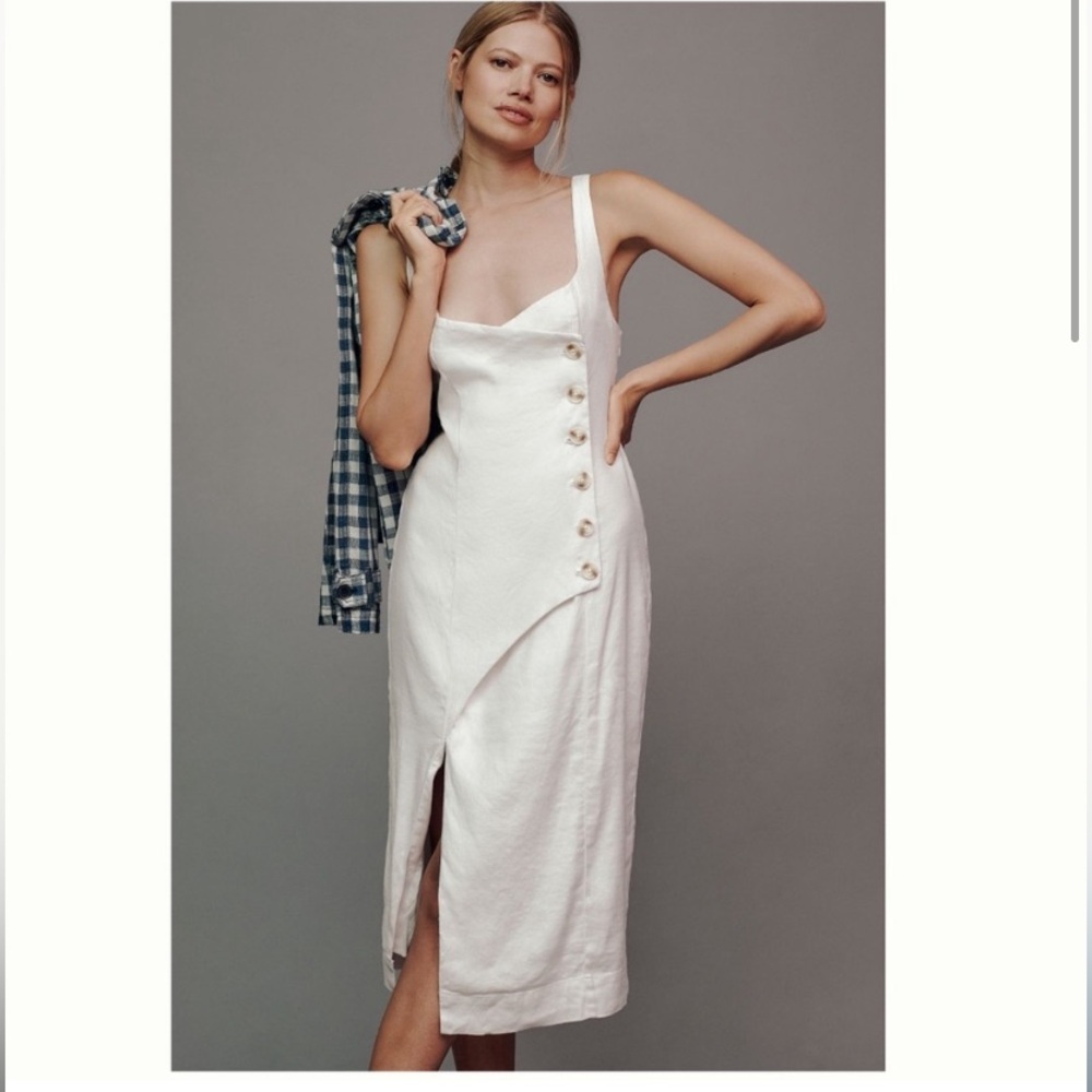 Anthropologie Elegant White Linen blend Button-Detail Dress XXS